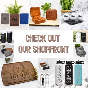 May include: A collage of personalized gifts, including engraved tumblers, passport holders, a wooden cutting board, a jewelry box, bottle openers, and coasters. The text "CHECK OUT OUR SHOPFRONT" is displayed in the center of the image.
