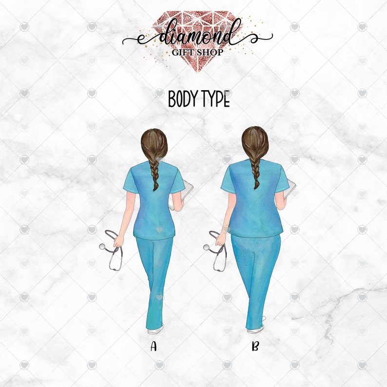 May include: Two illustrations of a nurse in blue scrubs, one facing forward and one facing backward. The nurse has brown hair in a braid and is holding a stethoscope and a clipboard. The text "BODY TYPE" is above the illustrations. The letters "A" and "B" are below the illustrations.