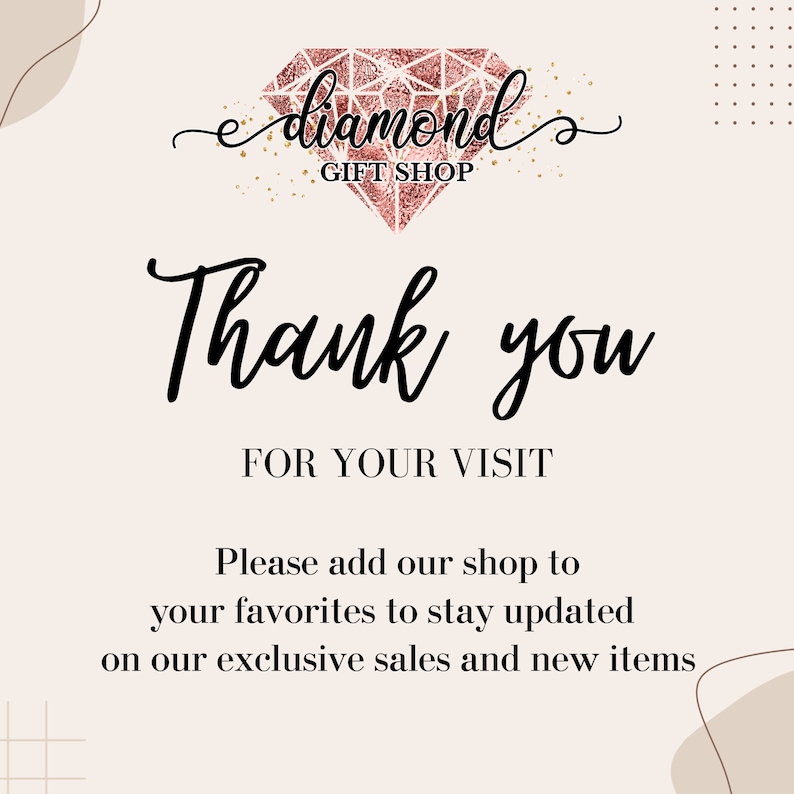 May include: A thank you card with a pink diamond graphic and the text "diamonds gift shop" and "Thank you for your visit. Please add our shop to your favourites to stay updated on our exclusive sales and new items."