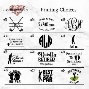 Pode incluir: Uma folha de design gr&aacute;fico com 10 designs diferentes com tema de golfe. Os designs incluem um taco de golfe, uma bola de golfe, um golfista e texto como "Aposentado" e "Melhor pai por Par".