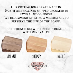 May include: Three wooden cutting boards, walnut, cherry, and maple, are shown side-by-side. The boards are unfinished and have a natural wood finish. The text "OUR CUTTING BOARDS ARE MADE IN NORTH AMERICA, ARE SHIPPED UNCOATED IN NATURAL WOOD FINISH. WE RECOMMEND APPLYING A MINERAL OIL TO PRESERVE THE LIFE OF THE BOARD. DIFFERENCE BETWEEN BEING TREATED WITH MINERAL OIL" is above the boards. The text "WALNUT", "CHERRY", and "MAPLE" is below the boards. The text "diamond GIFT SHOP" is below the boards.