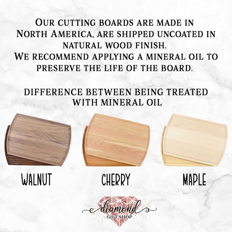 May include: Three wooden cutting boards, walnut, cherry, and maple, are shown side-by-side. The boards are unfinished and have a natural wood finish. The text "OUR CUTTING BOARDS ARE MADE IN NORTH AMERICA, ARE SHIPPED UNCOATED IN NATURAL WOOD FINISH. WE RECOMMEND APPLYING A MINERAL OIL TO PRESERVE THE LIFE OF THE BOARD. DIFFERENCE BETWEEN BEING TREATED WITH MINERAL OIL" is above the boards. The text "WALNUT", "CHERRY", and "MAPLE" is below the boards. The text "diamond GIFT SHOP" is below the boards.