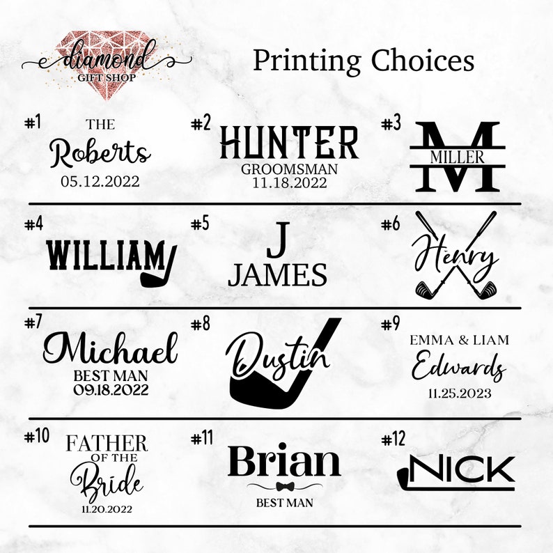 Pode incluir: Um conjunto de 12 designs diferentes para presentes personalizados. Cada design apresenta um nome, um t&iacute;tulo e uma data. Os designs s&atilde;o numerados de 1 a 12. Os designs incluem nomes como "Roberts", "Hunter", "William", "Michael", "Dustin", "Brian", "Nick", "Henry" e "Edwards".