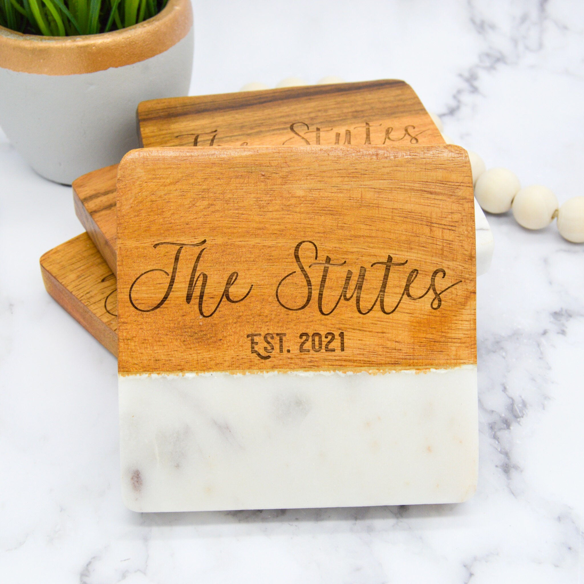 Custom Coasters Engraved Marble Coasters Wood and Marble Etsy