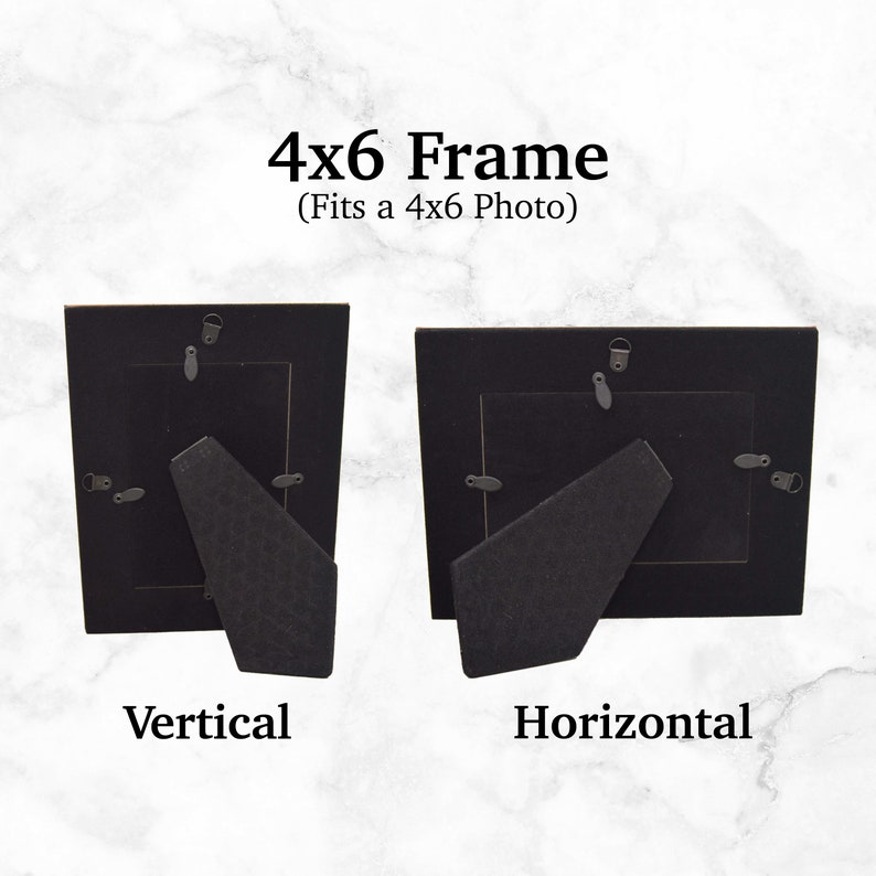 May include: Black picture frame with a stand that can be used for vertical or horizontal display. The frame is labeled "4x6 Frame (Fits a 4x6 Photo)".
