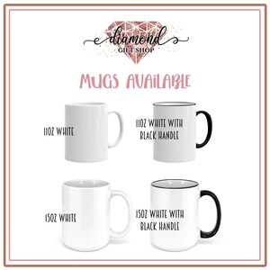 May include: Two white mugs with black handles. The mug on the left is 11oz and the mug on the right is 15oz. Both mugs have a black rim.