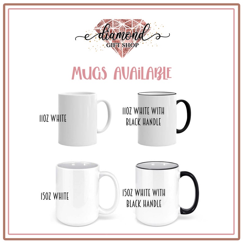 May include: Two white mugs with black handles. The mug on the left is 11oz and the mug on the right is 15oz. Both mugs have a black rim.