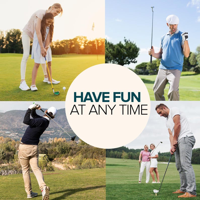 May include: A collage of four images featuring people playing golf on a green course. The text "HAVE FUN AT ANY TIME" is displayed in the center of the collage.