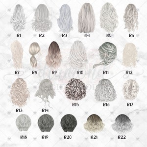 May include: A set of 22 different hairstyles, each with a unique style and colour. The hairstyles are illustrated in a cartoon style and are perfect for use in digital art or design projects.