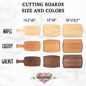 May include: Three different wood cutting boards in maple, cherry, and walnut. Each board is shown in three sizes: 14.5 inches by 6 inches, 12 inches by 9 inches, and 16 inches by 10.5 inches.