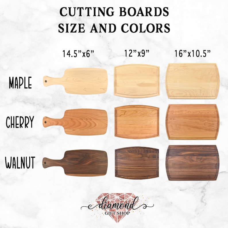 May include: Three different wood cutting boards in maple, cherry, and walnut. Each board is shown in three sizes: 14.5 inches by 6 inches, 12 inches by 9 inches, and 16 inches by 10.5 inches.