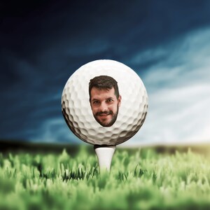 May include: A white golf ball with a man's face in the center, sitting on a tee in a green grassy field.