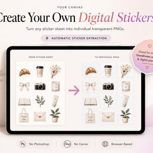 May include: A tablet screen displaying a digital tool for creating stickers, featuring the text Create Your Own Digital Stickers and Automatic Sticker Extraction. It shows a sticker sheet being converted into individual transparent PNG files.