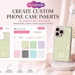 Peut inclure: Une interface numérique pour créer des inserts de coque de téléphone personnalisés avec un aperçu montrant un motif à carreaux vert clair avec des marguerites blanches. L'interface inclut des options pour iPhone et Samsung, et une coque physique.