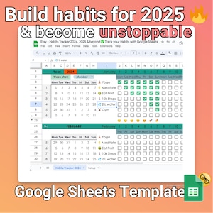 May include: A Google Sheets template for tracking habits in 2025. The template includes a calendar with checkboxes for daily habits such as yoga, meditation, eating fruit, walking 10,000 steps, and drinking 2 liters of water.