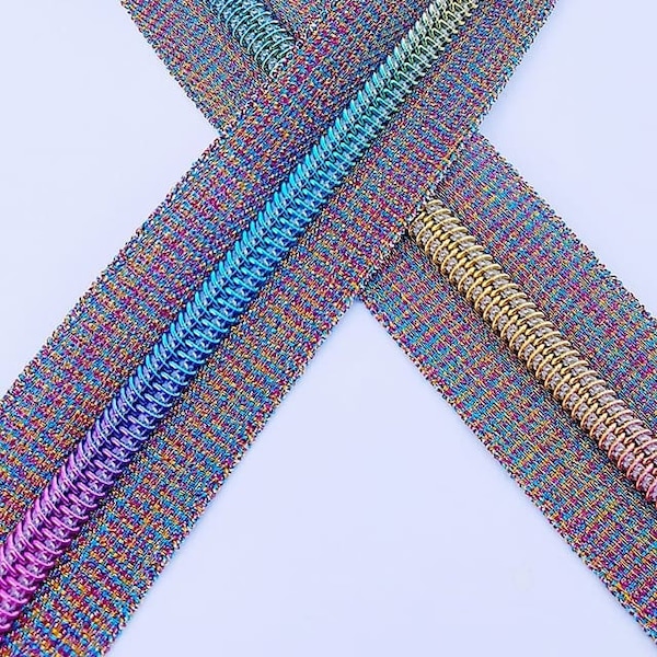 Metallic #5 Zipper Tape with Rainbow Teeth, Nylon Zipper, Zipper by the yard, 1 yard Per Order