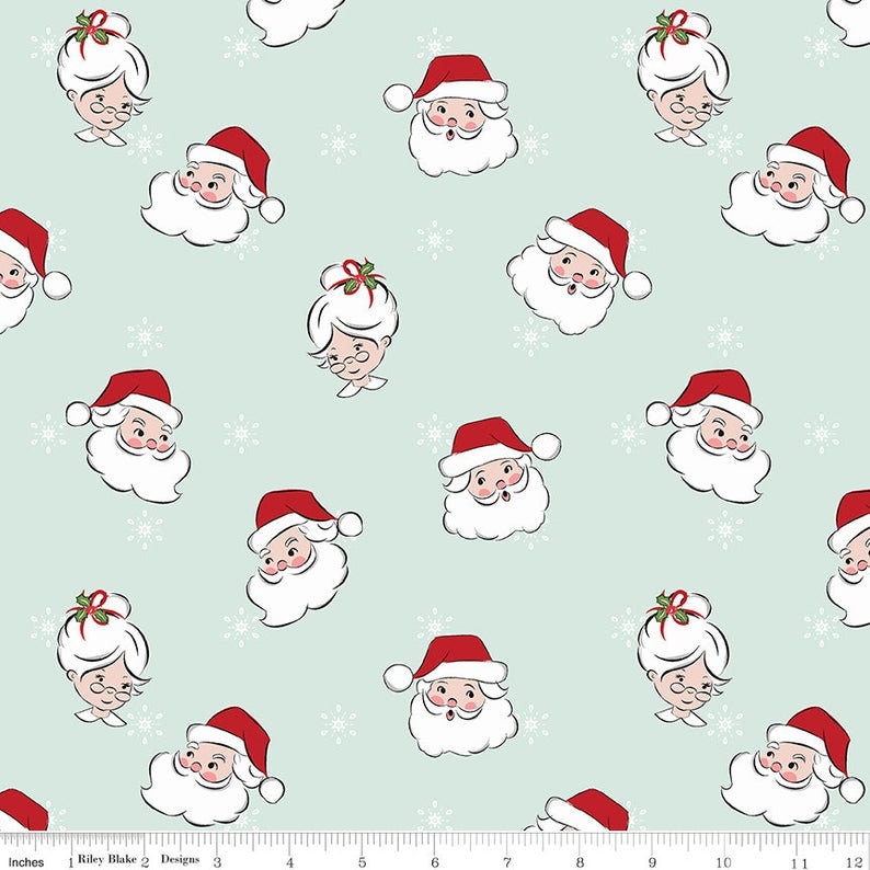 C9610 Mint Santa Claus Fabric 12 yard Per Order Christmas Fabric 100/% Quilting Cotton Fabric Riley Blake Mrs Claus Snowflakes