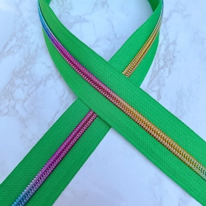 Green Nylon Zippers Tape with Rainbow teeth Size #5, Zipper by the yard
