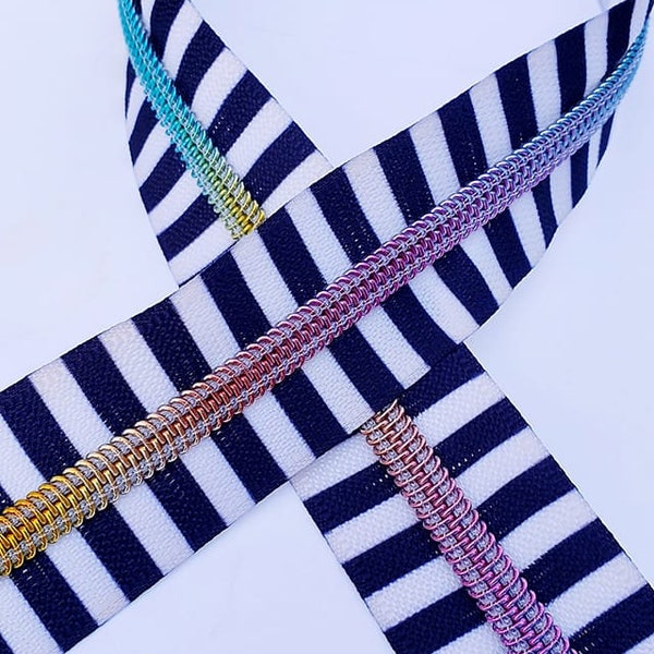 Striped Zippers Tape with Rainbow Teeth Size #5, Zipper by the yard, 1 yard Per Order