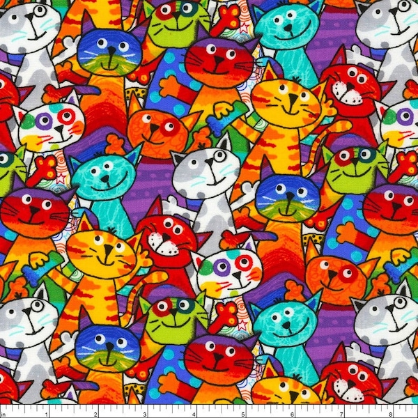Packed Cats Fabric, Cute Cats Fabric, Bright Cats, Timeless Treasures, C6341-MLT, 100% Cotton Quilting Fabric, 1/2 Yard Per Order