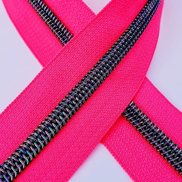 Iridescent black teeth on Hot Pink Nylon Zippers Size #5, Zipper by the yard, 1 yard Per Order