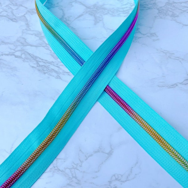 Teal Nylon Zippers Tape with Rainbow teeth Size #5, Zipper by the yard