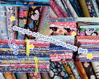 May include: A collage of fabric swatches featuring a variety of colorful prints, including floral, geometric, and animal patterns. The text "sample of prints you may get" is superimposed on the image.