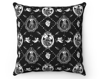 Skull Throw Pillow Cover - Goth Pillow Cover  - Skull Pattern Pillow Cover - Halloween Pillow Case - Kissing Skulls Zippered Square Pillow