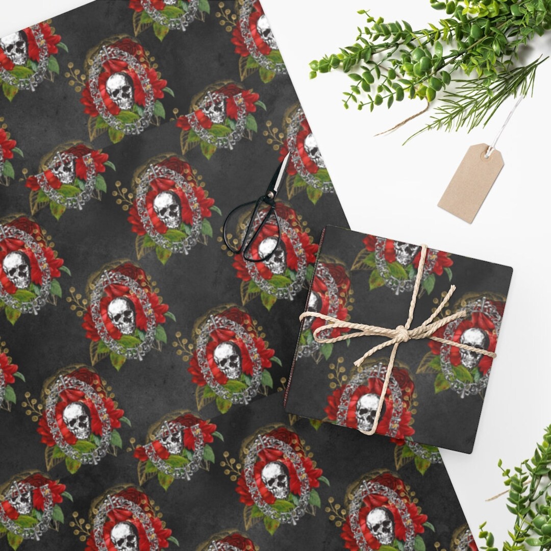 Gothic Gift Wrap Gothic Wrapping Paper Goth Gift Wrapping Paper Skull Circles on Black Gift ...