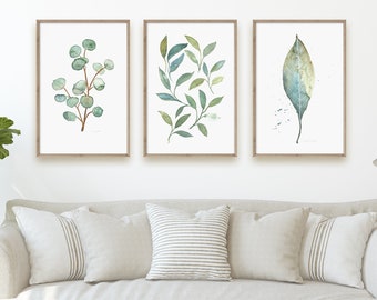 Set of 3 wall art, Eucalyptus Leaves, Printable, Botanical Modern Home Decor, Watercolour, Blue and Green, Print your own Wildflower digital