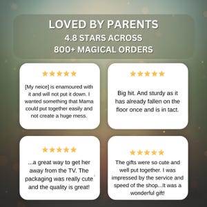 May include: Image with text: "LOVED BY PARENTS, 4.8 STARS ACROSS, 800+ MAGICAL ORDERS." Includes customer reviews with 5-star ratings. Reviews mention ease of use, quality, and customer satisfaction. The overall theme is positive customer feedback.