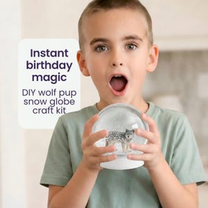 5 Year Old Boy or Girl Birthday Gift, Wolf Pup Snow Globe Craft Kit, Shatterproof Woodland Craft, Cute Finished Gift for Kids