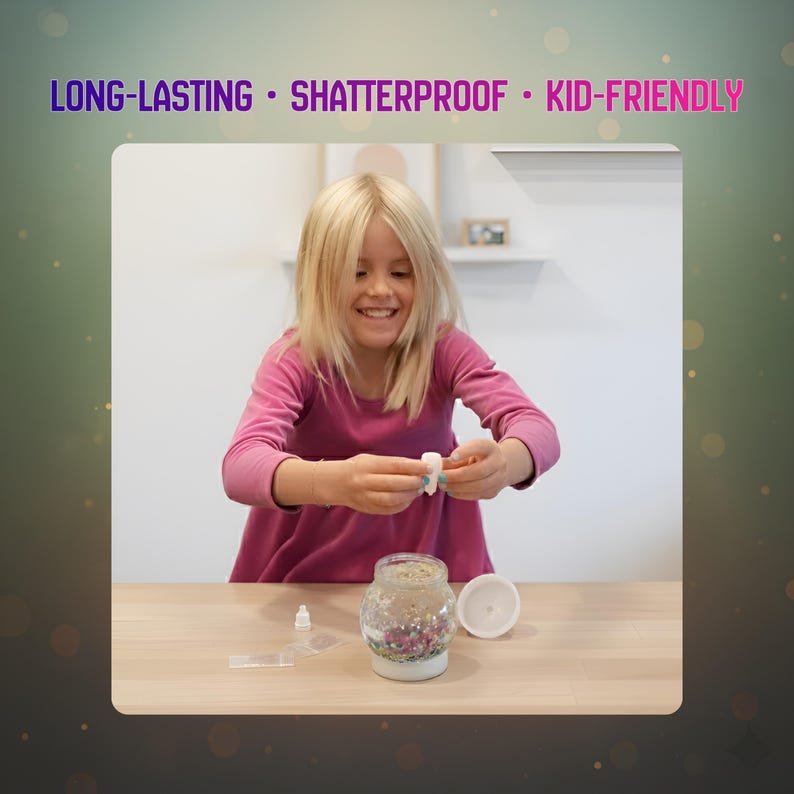 May include: A young person is assembling a snow globe kit. The kit includes a glass jar with a white base, a white lid, and small decorative elements inside. The text on the image reads: LONG-LASTING &bull; SHATTERPROOF &bull; KID-FRIENDLY.