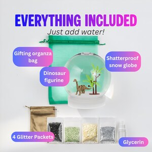 May include: A snow globe kit with a dinosaur figurine, a green organza gift bag, and four glitter packets. The text "EVERYTHING INCLUDED" and "Just add water!" are displayed. Includes a bottle of glycerin and a shatterproof snow globe.