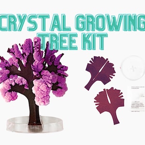 May include: A crystal growing tree kit with a purple and brown tree, a clear base, two leaf-shaped pieces, a clear dish, and instructions. The text "CRYSTAL GROWING TREE KIT" is at the top of the image.