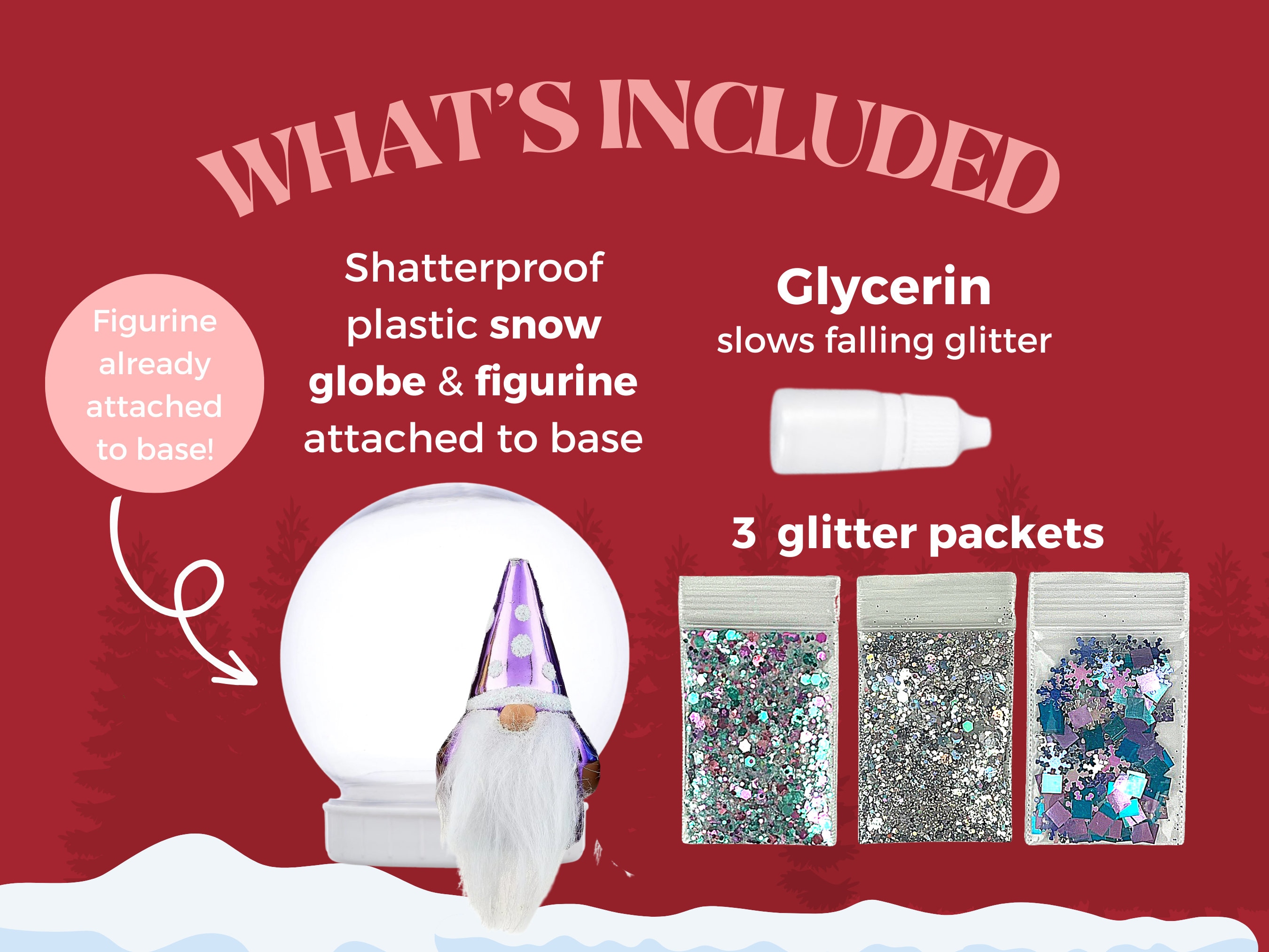 Shatterproof Winter Gnome Snow Globe Kit With Glitter Packets and