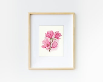 Saucer Magnolia Wall Art | Watercolor Magnolia Flower Print| Pink Floral Wall Decor | Southern State Flower Painting | Mississippi Magnolia