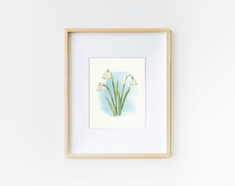 Snowdrop Flower, Watercolor Flower Wall Art, White Flower Painting, Farmhouse Style Wall Art, Birth Month Flower January