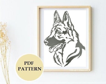 Cute German Shepherd Dog Silhouette Cross-stitch Monochrome Pattern PDF