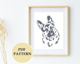 German Shepherd Cute Dog Silhouette Cross-stitch Monochrome Pattern PDF