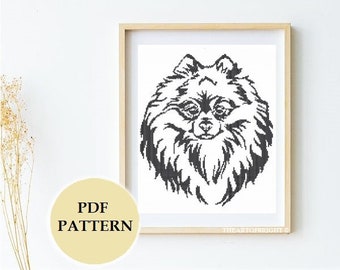 Pomeranian Spitz Dog Silhouette Cross-stitch Monochrome Pattern PDF