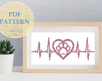 Easy Heartbeat Pet Lover Cross-stitch Monochrome Pattern PDF