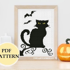 Halloween Cat at Night Silhouette Beginner Cross-stitch Pattern PDF