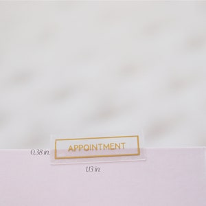 以下が含まれることがあります： 金色の縁取りと「APPOINTMENT」という文字が金色で印刷された透明なプラスチック製のタブ。タブの幅は2.87 cm、高さは0.97 cmです。