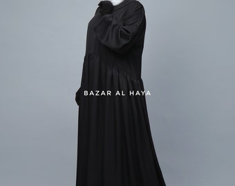 Black Erina Abaya Dress, Uniqe Round Collar Classic Design - Puff Sleeves