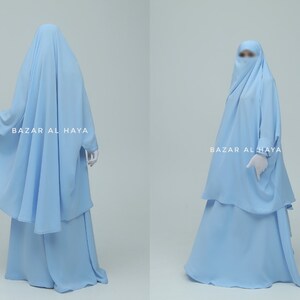 Baby Blue Hoor Two Piece Jilbab With Skirt Afghan Style High Premium Quality French Jilbab Abaya Kaftan Nidha Breathable Niqab Burqa Khimar