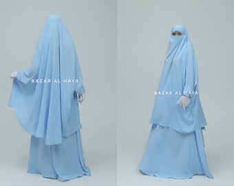 Baby Blue Hoor Two Piece Jilbab With Skirt Afghan Style High Premium Quality French Jilbab Abaya Kaftan Nidha Breathable Niqab Burqa Khimar