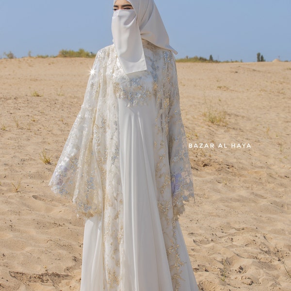 Zahra Bridal Gown Silk & Chiffon Abaya and Lace Cloak Set - Wedding Dress