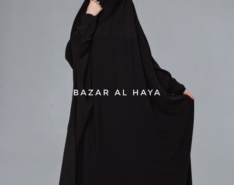 Sarah One Piece Black Jilbab - Zipper Sleeves - Silk Crepe