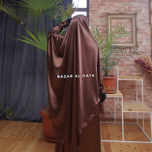 Chocolate Latifa Two Piece Satin Jilbab With Skirt- Long & Loose